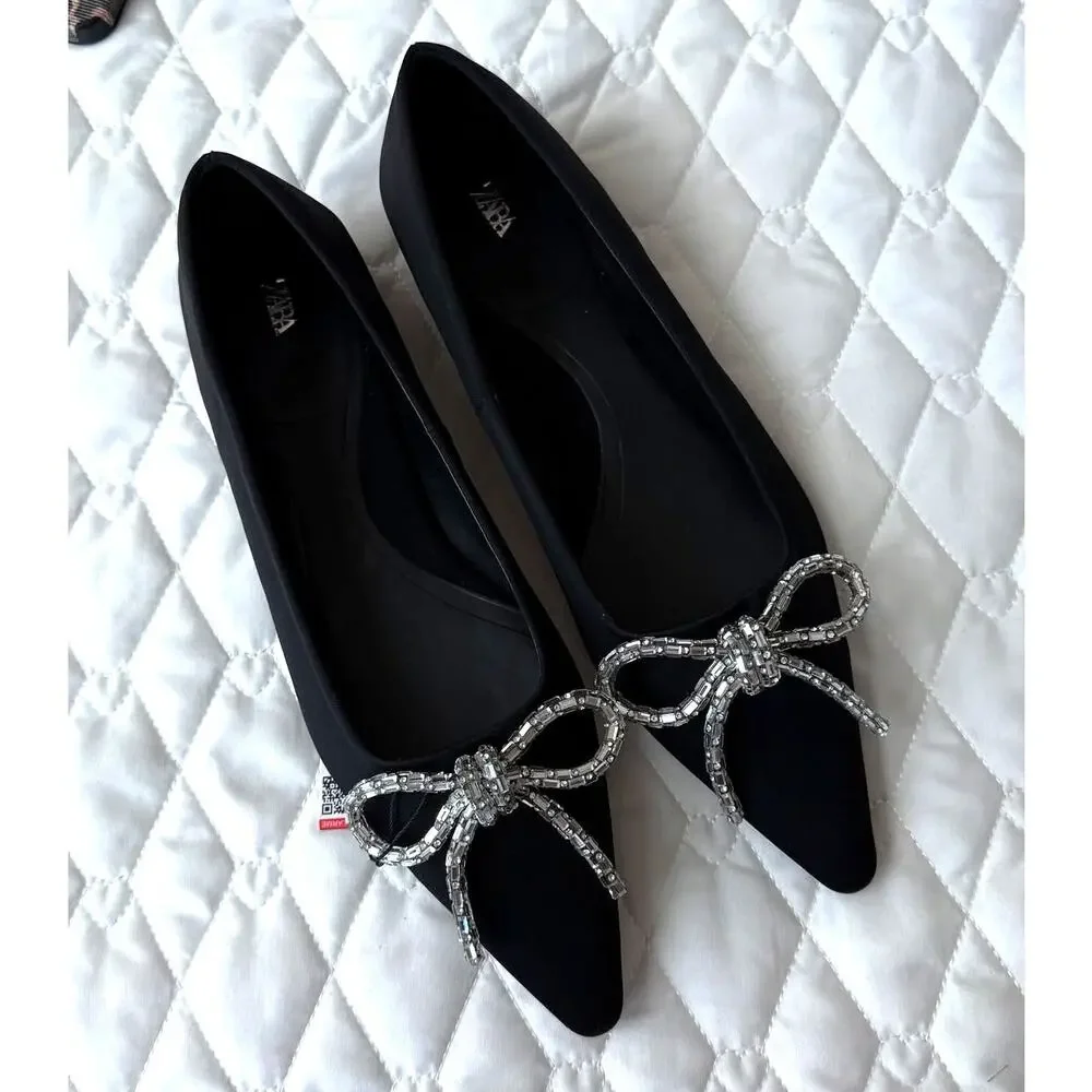ZARA Rhinestone Bow Pointed Toe Ballet Flats NWT Black Size 7.5